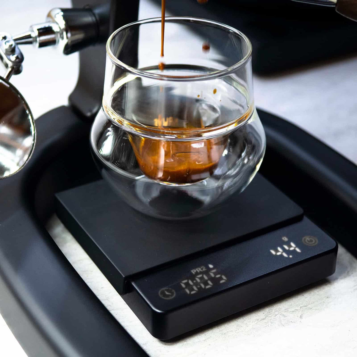 Flair Brew Scale with a glass cup and measuring the output.