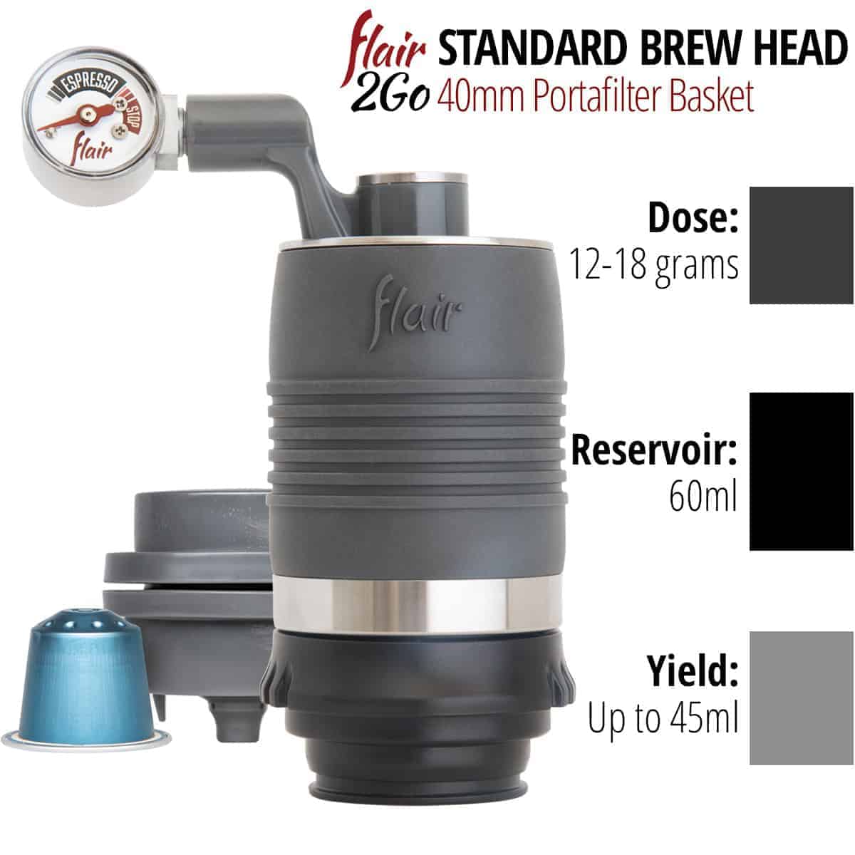 Flair Standard Brew Head for the Flair 2Go with dose and yield specifications.