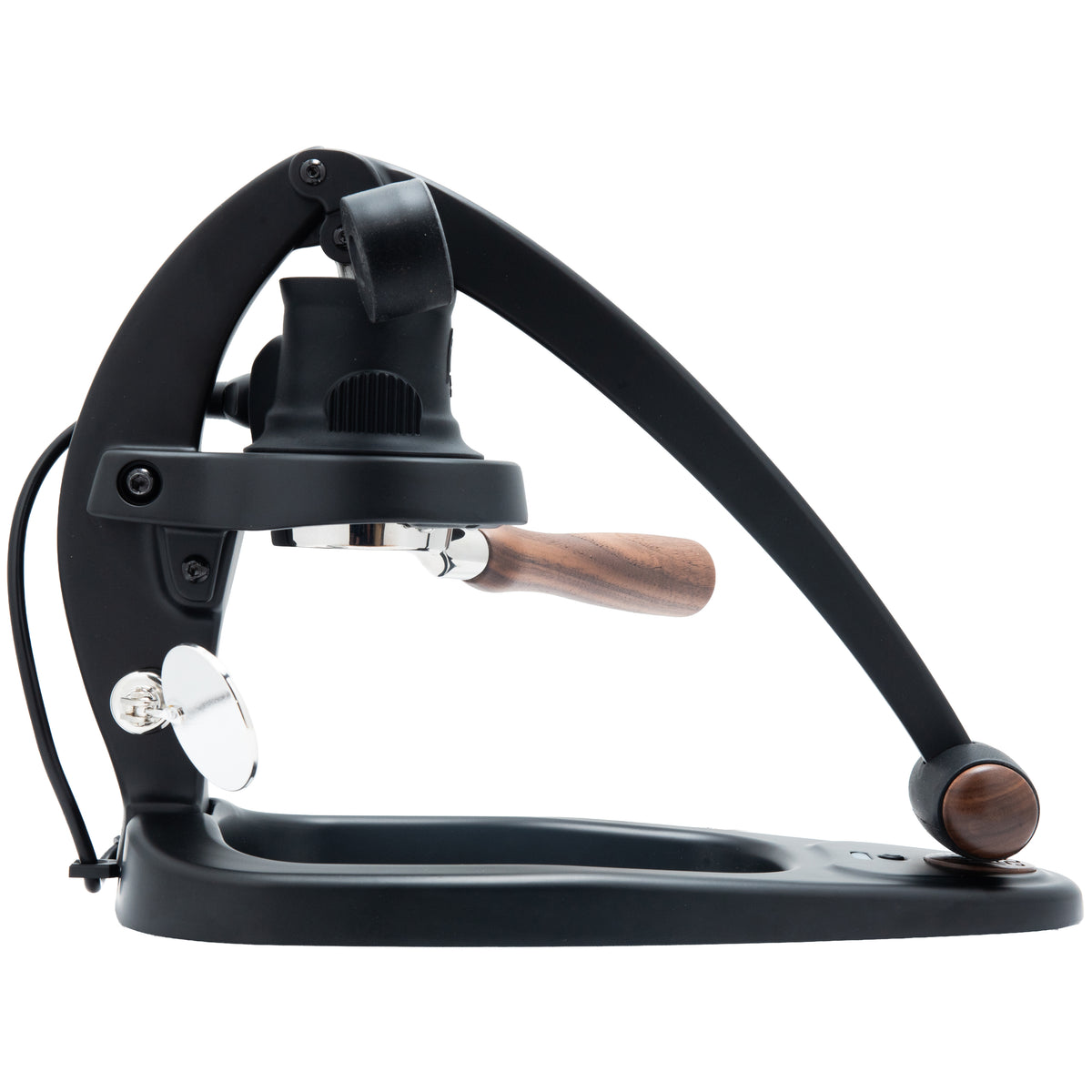 Flair 58 Plus 2 black manual coffee press with wooden handle on a white background