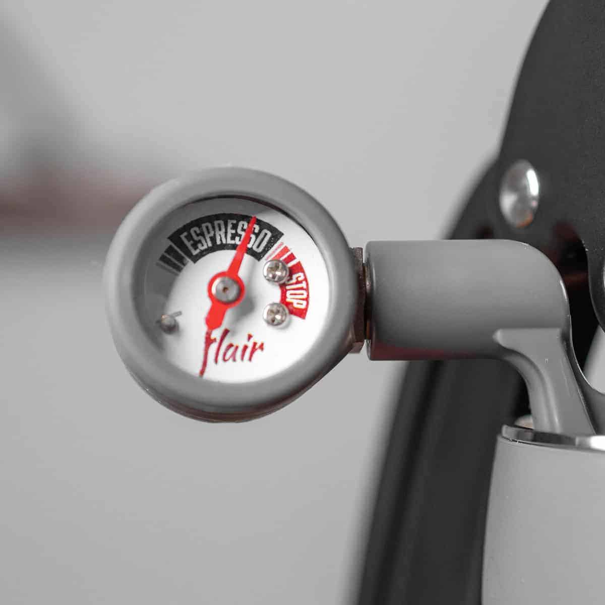 Pressure gauge on a the Flair Classic Manual Lever Espresso Machine brewing in the espresso zone.