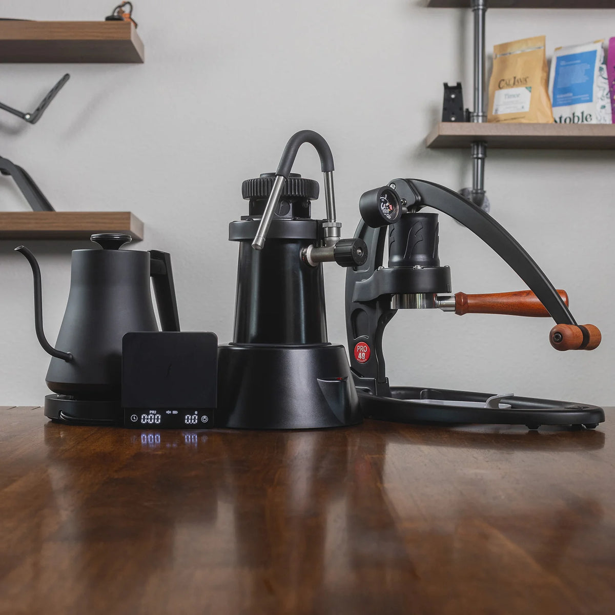 The Espresso Bar Kit for the Flair 49 PRO includes the eWizard Milk Steamer, Flair Kettle and Flair Brew Scale.