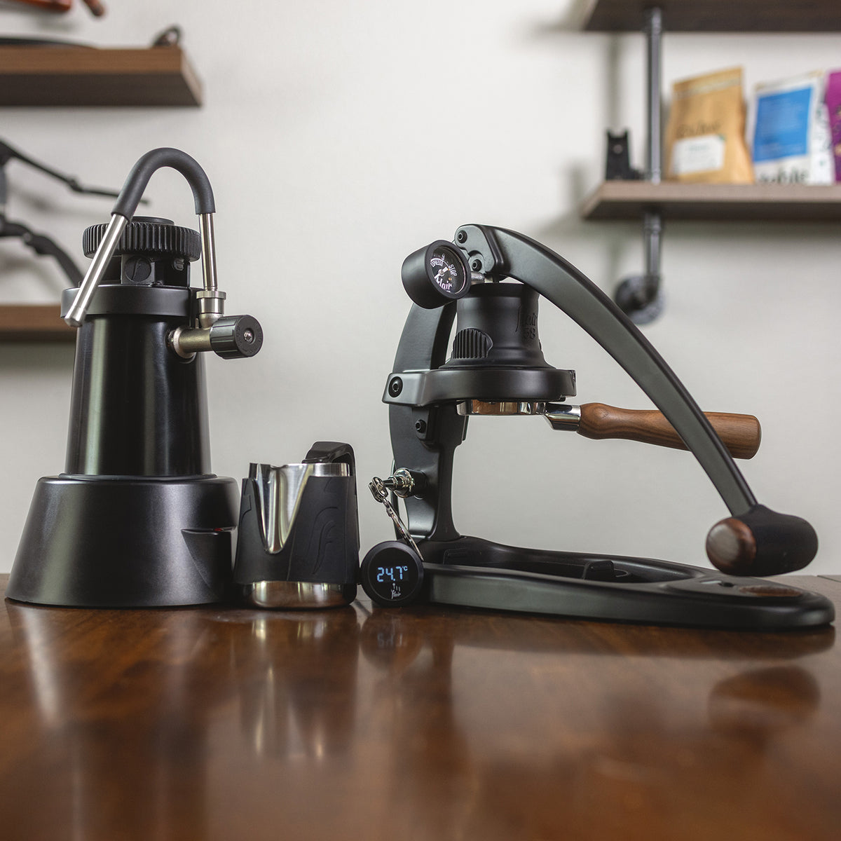Flair 58 Plus 2 Electric Steam Kit includes the eWizard milk steamer and the Flair Milk Pitcher.