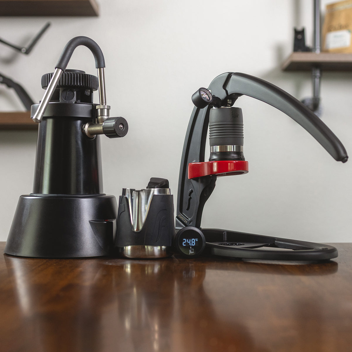 The Electric Steam Kit for the Flair Classic manual espresso maker includes the eWizard Electric Milk Steamer and the Flair Milk Pitcher.