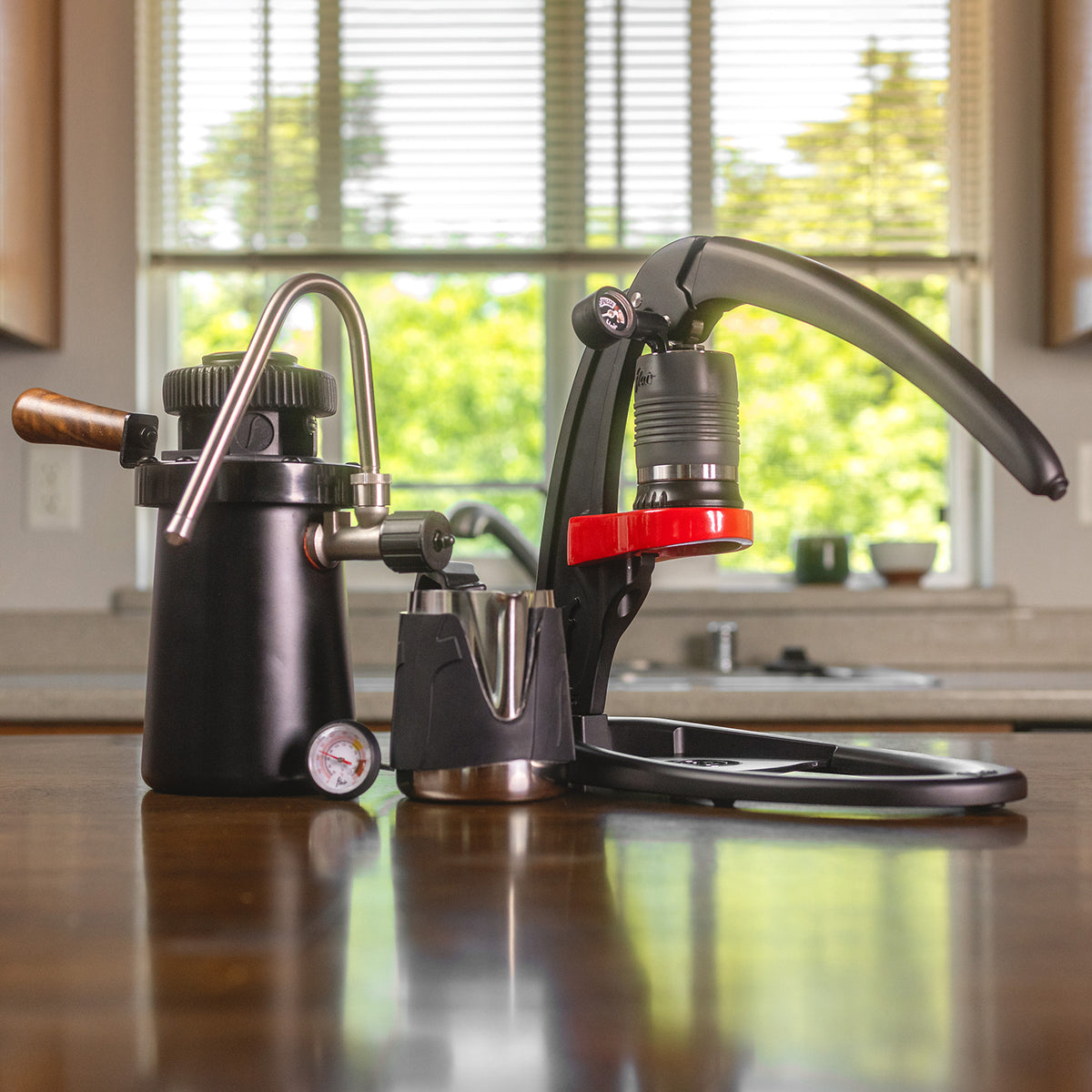 The Stovestop Steam Kit for the Flair Classic manual espresso maker includes the Wizard Steamer and Milk Pitcher.
