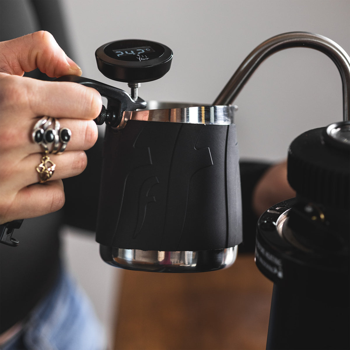 Flair Milk Pitcher being used for steaming milk with the Wizard Steamer.