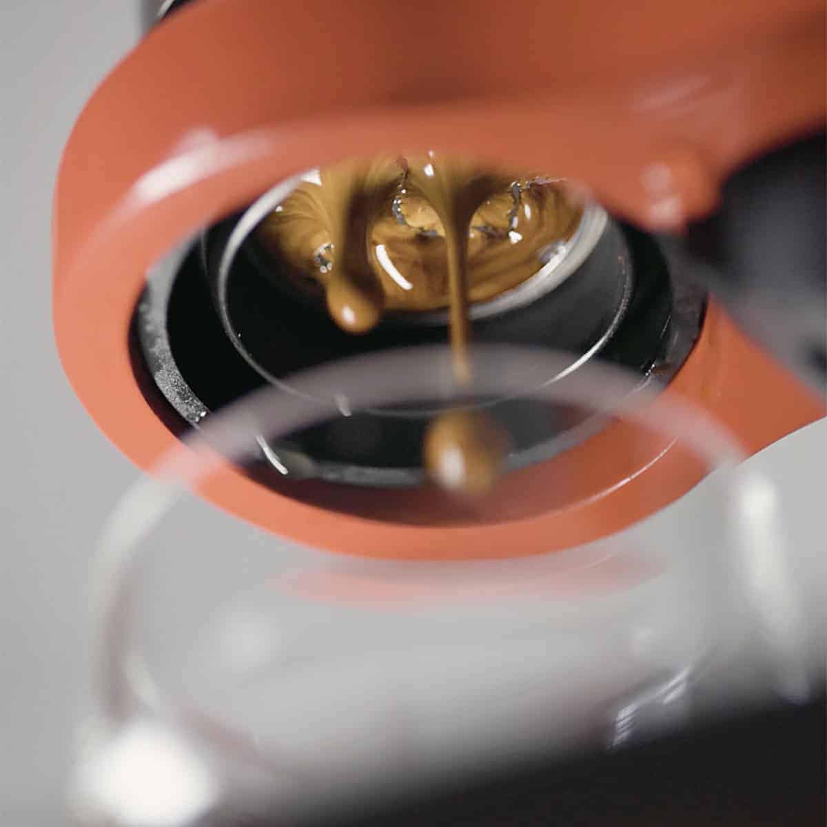 Espresso extraction and drips of espresso from the Flair Classic Manual Espresso Maker.
