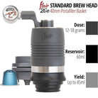 Flair Standard Brew Head for the Flair 2Go with dose and yield specifications.