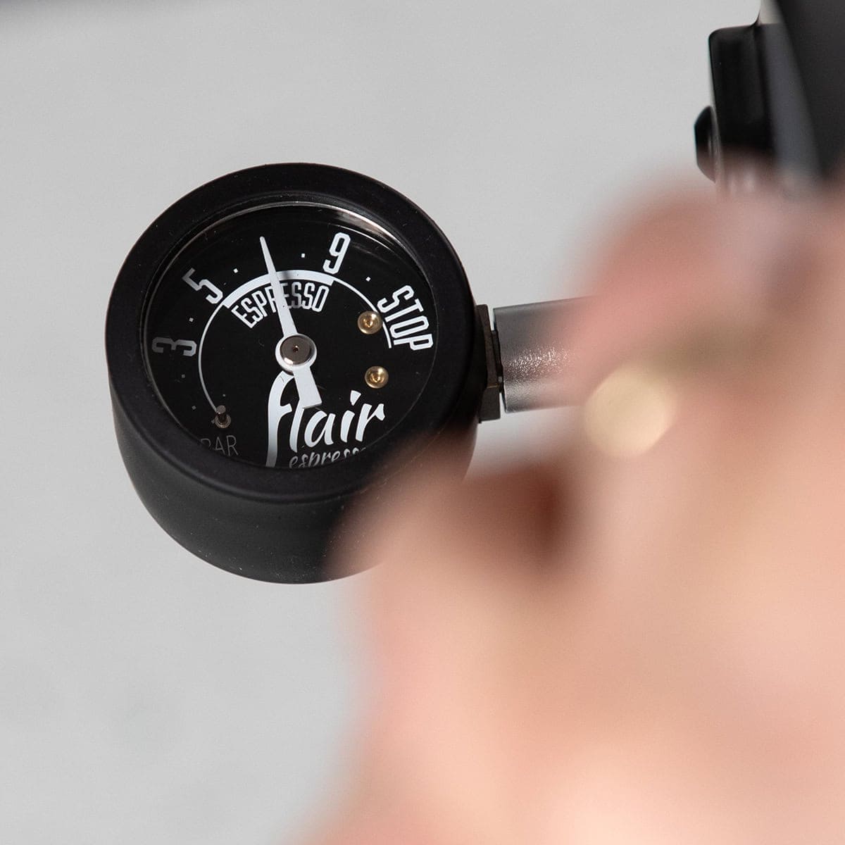 Pressure gauge for the Flair 49 PRO manual espresso machine with Flair branding.