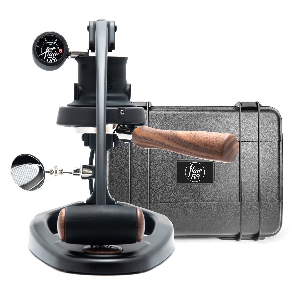 Flair 58 Plus 2 manual lever espresso maker on a white background with a hard carrying case behind it