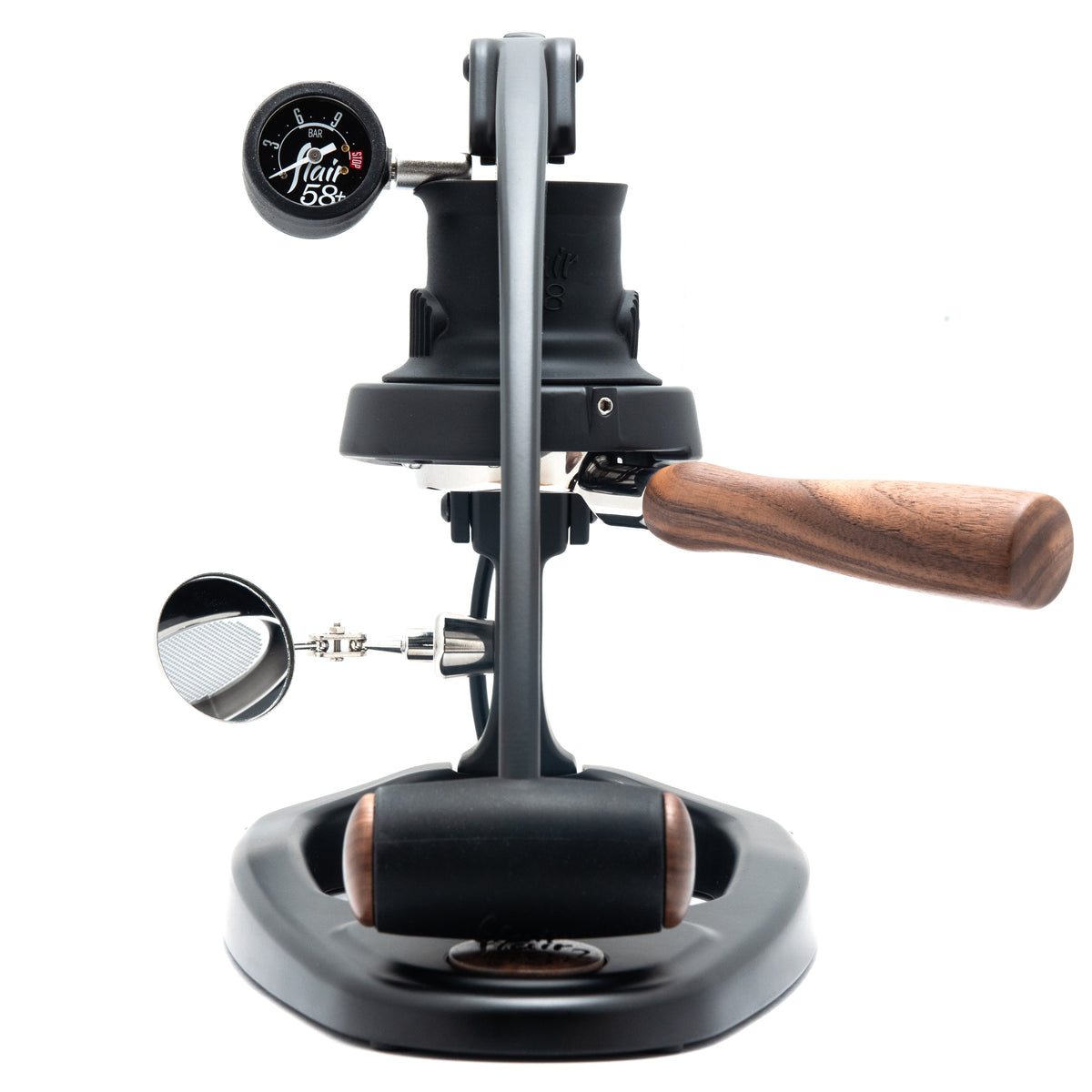 Flair 58 Plus 2 manual espresso maker on a white background and facing forward.