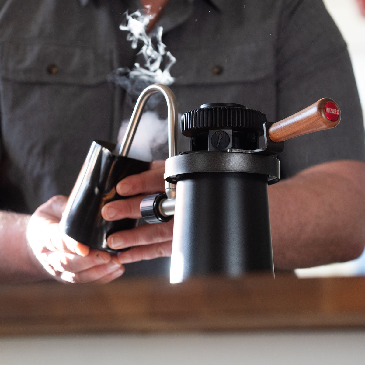 Flair Wizard Stovetop Milk Steamer creating steamed milk for latte art.